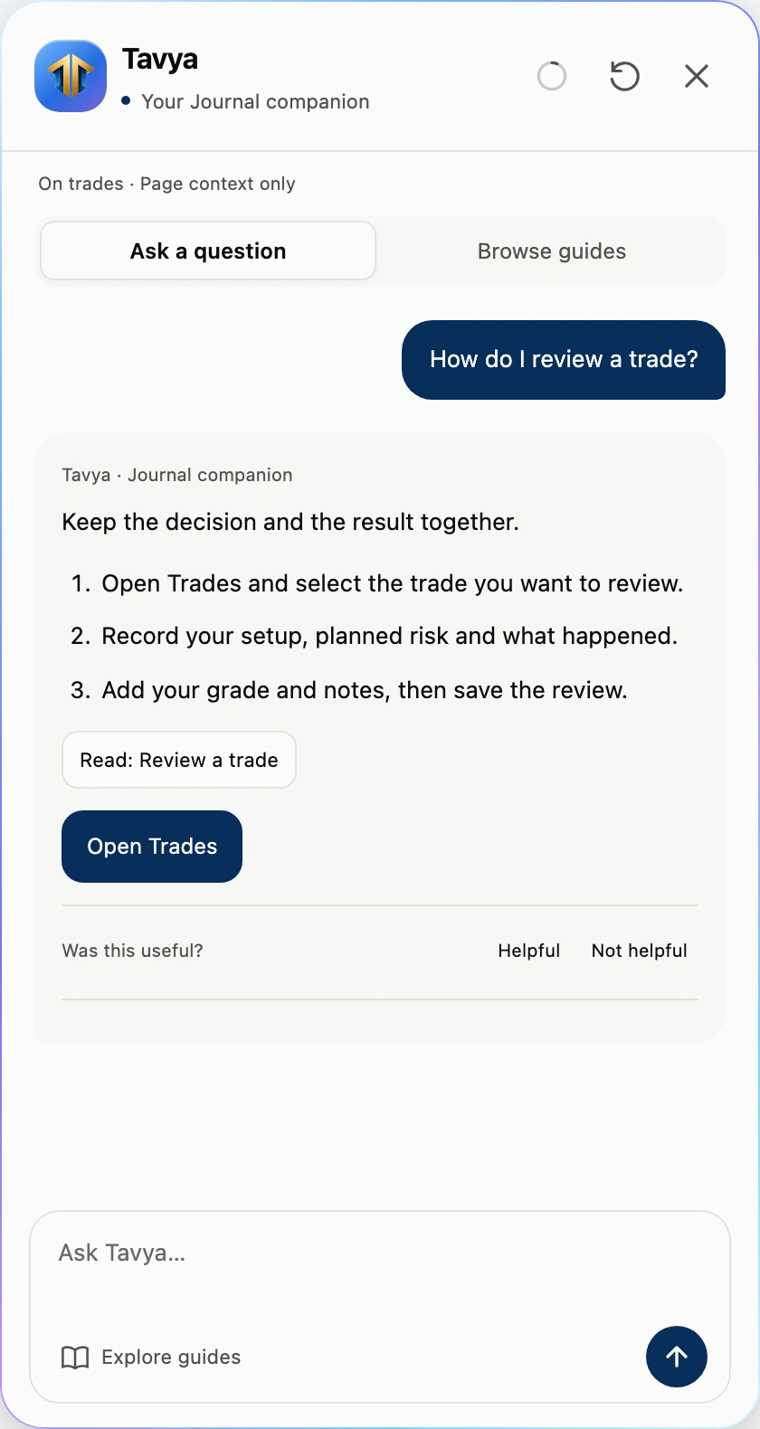 Illustrative Tavya response with trade review steps, a guide reference and an Open Trades action