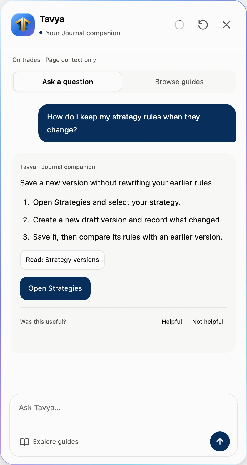 Illustrative Tavya guidance on saving and comparing strategy versions